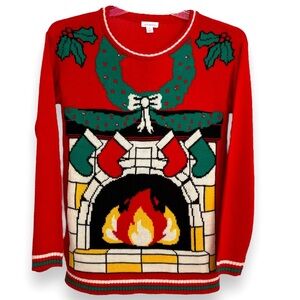 Xhilaration Size Small Light-Up Fireplace Mantle 100% Acrylic Christmas Sweater